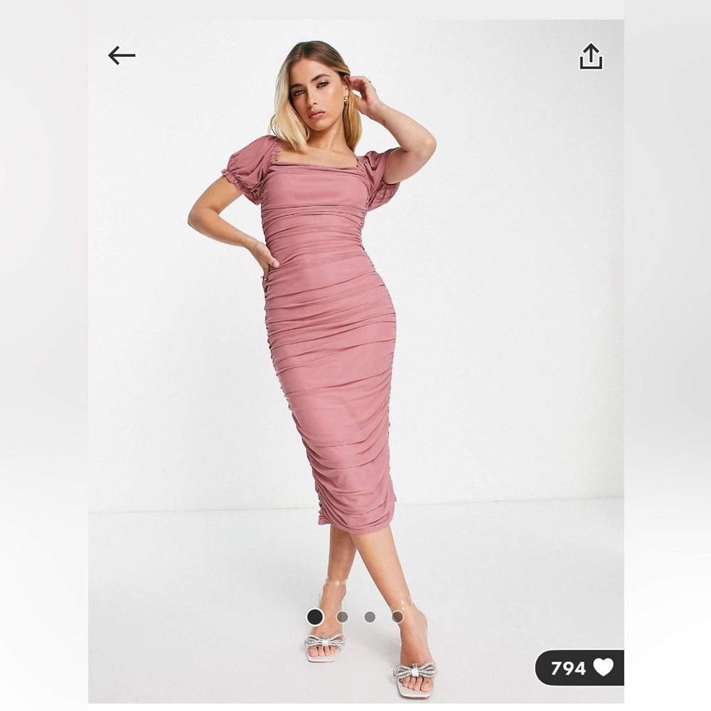 Little Mistress Square Neck Ruched Mesh Dress in Blush Pink